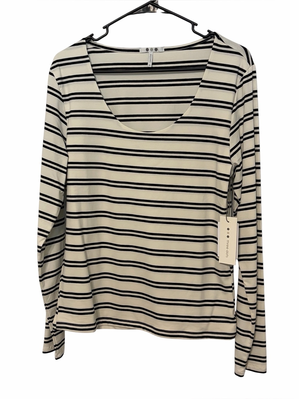 NWT Three Dots Scoop Neck Long Sleeve Tee in Egret / Black Beauty Stripe Size XL - Picture 5 of 9